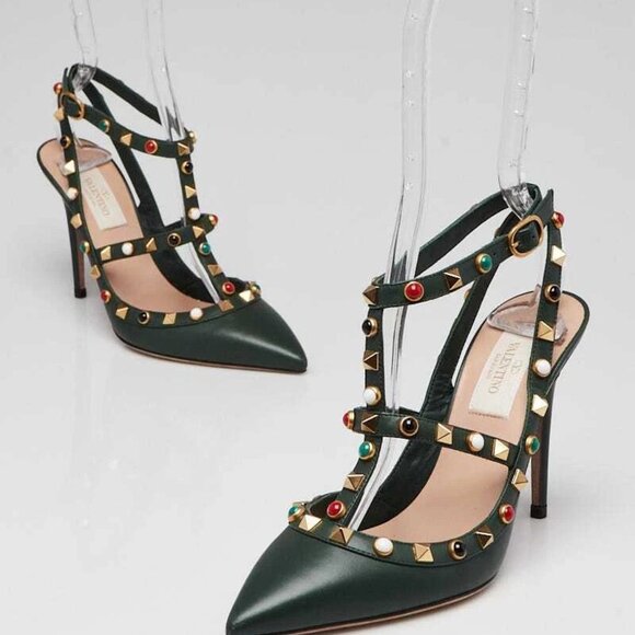 Valentino Green Leather Rockstud T-Strap Heels 495-050925 - Picture 1 of 5